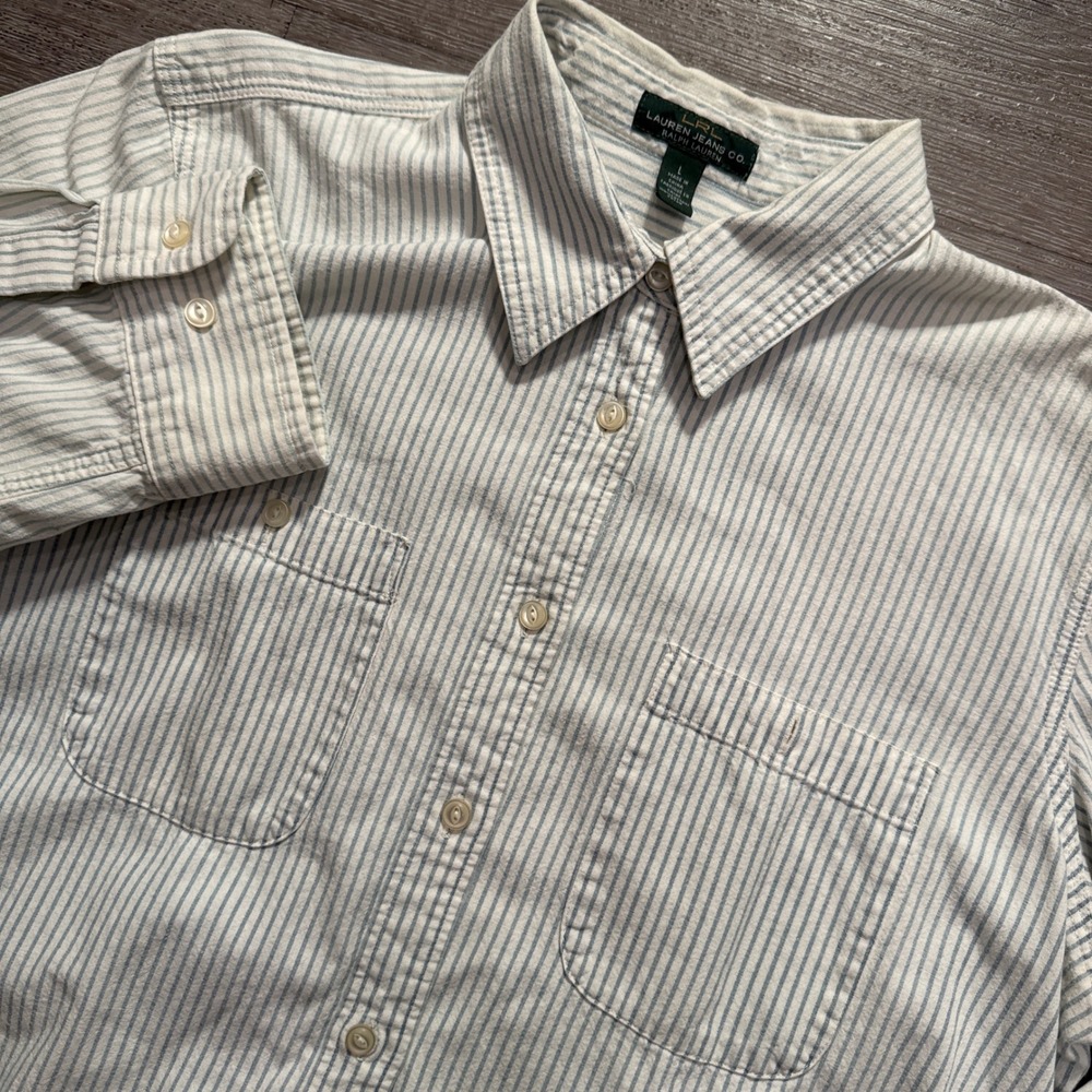 Vintage Ralph Lauren Shirt Women L Blue White Striped Cotton Utility Heritage